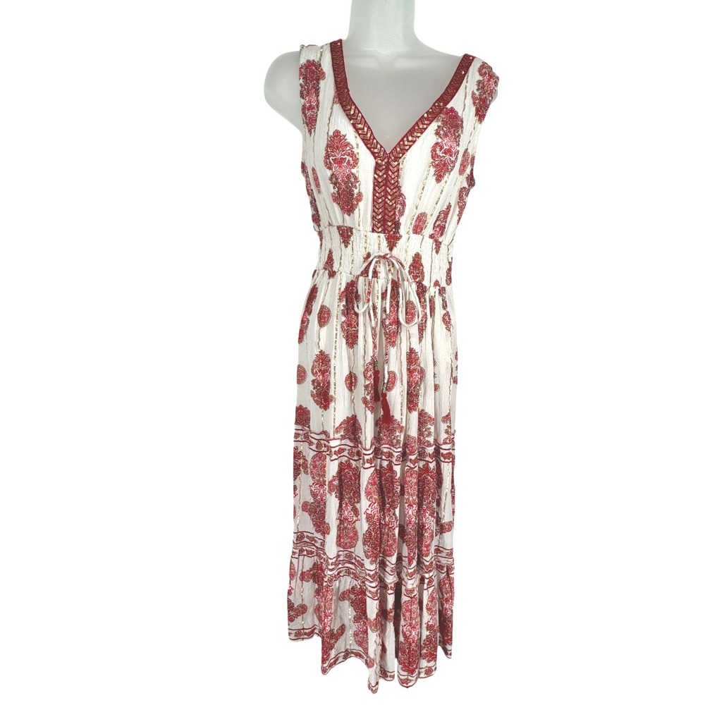 Me 2 Magic Gauze Block Print Sequin V Neck Smocked Tiered Maxi Dress Small Boho
